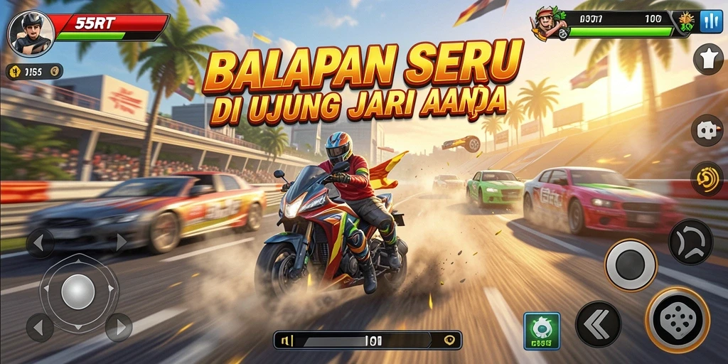 Screenshot gameplay 55RT menampilkan aksi balap mendebarkan di trek yang beragam.