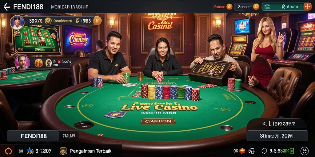 Screenshot FENDI188 menampilkan dealer langsung dan suasana permainan kasino yang menarik.
