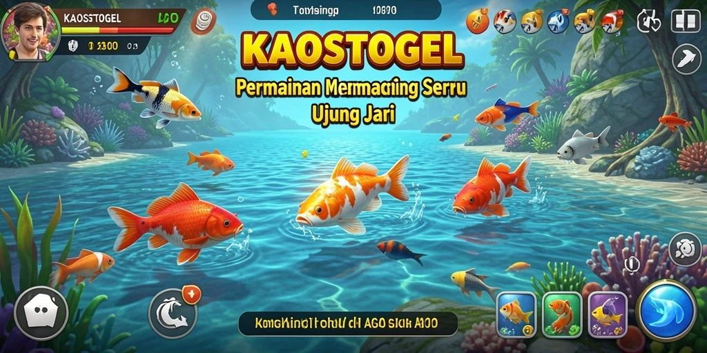Menampilkan gameplay seru KAOSTOGEL saat memancing ikan.