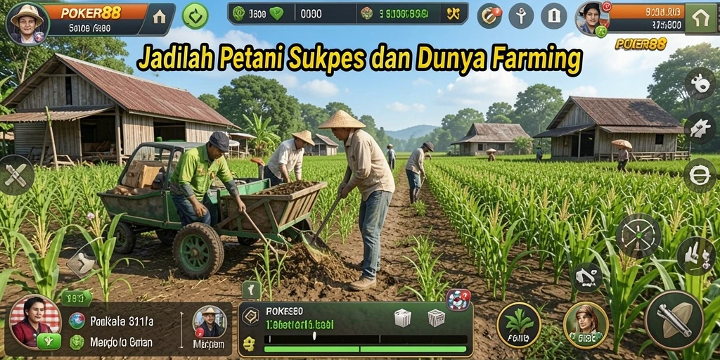 Screenshot gameplay POKER88 menampilkan petani yang sibuk di ladang.