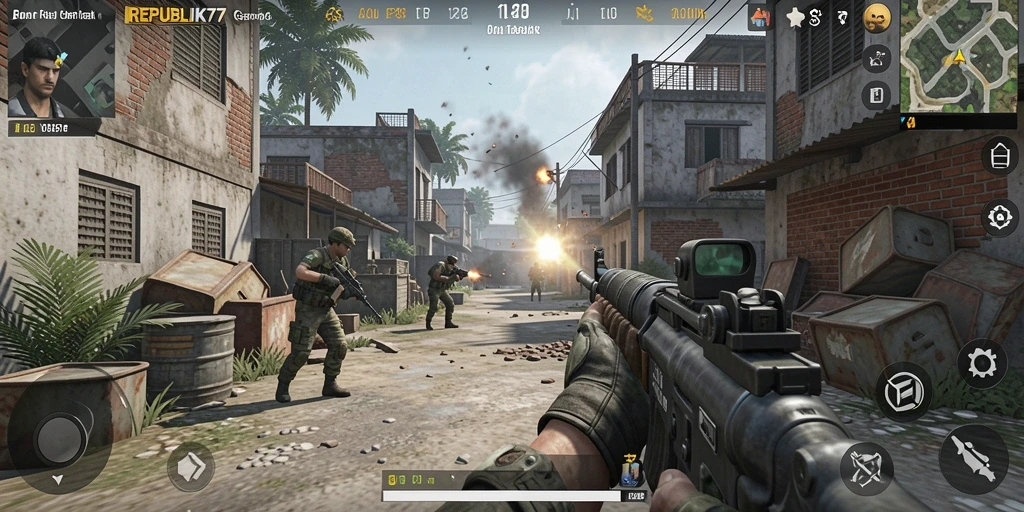 Gameplay mendebarkan dari REPUBLIK77 dengan aksi tembak-menembak yang intens.
